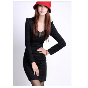 Elegant Slim-Fit Solid Color Zipper Design V-Neck Long Sleeves Dress For Women - Black 